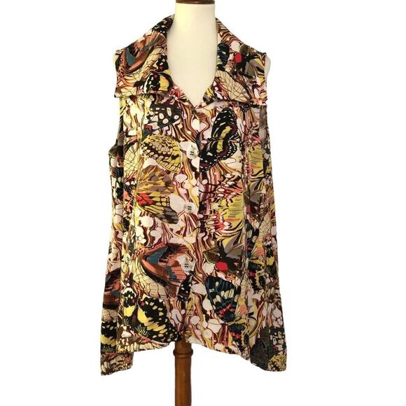 For Cynthia Butterfly Print Linen Viscose Sleeveless Tunic Large Collar Size XL - Picture 1 of 12